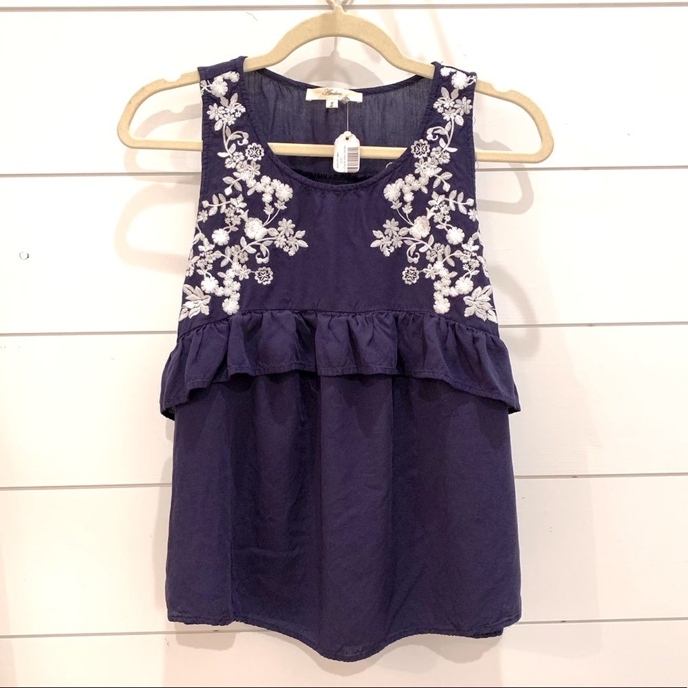 Embroidered Ruffle Navy Tank Blouse